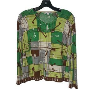 Cabi Cardigan Sweater 100 Cotton Yellow Green Skeleton Key Pattern Size XL READ